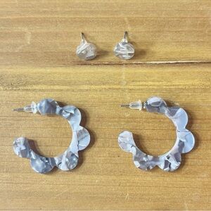 Scalloped Gray Hoop and Circle Stud Earring Set